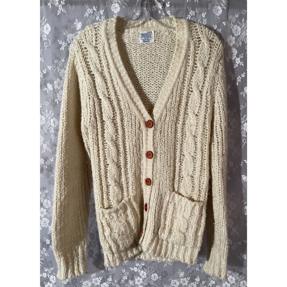 Vintage 70s Sears Ivory Cable Knit Cardigan Sweater Fisherman Preppy Size S